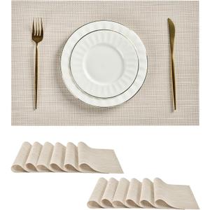 Leetaltree Beige White Placemats Set of 12 - Heat Resistant Non-Slip Place mats for Dining Table, Washable Durable PVC Vinyl Woven Table Mats(Beige White, 12)