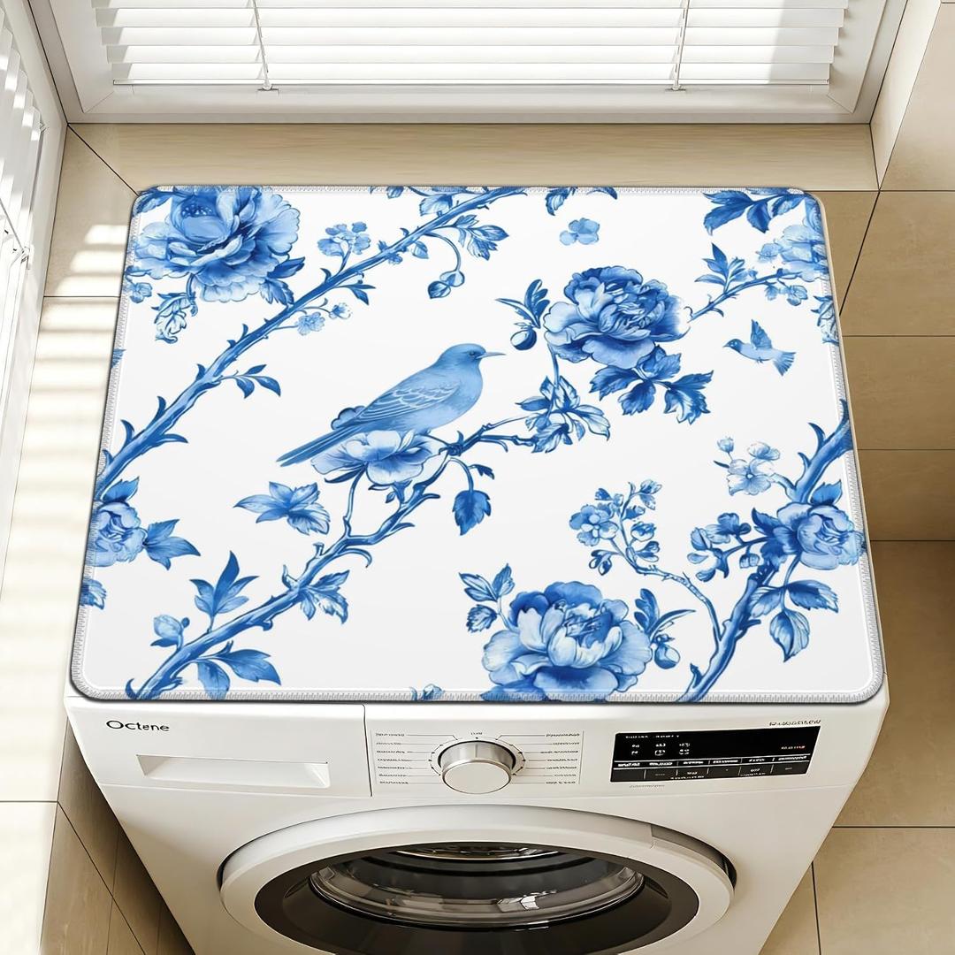 Blue Flower Washer and Dryer Covers for The Top, Chinoiserie Washing Machine Topper Protector Mat 23.5" x 19.6", Blue and White Home Dust-Proof Decor