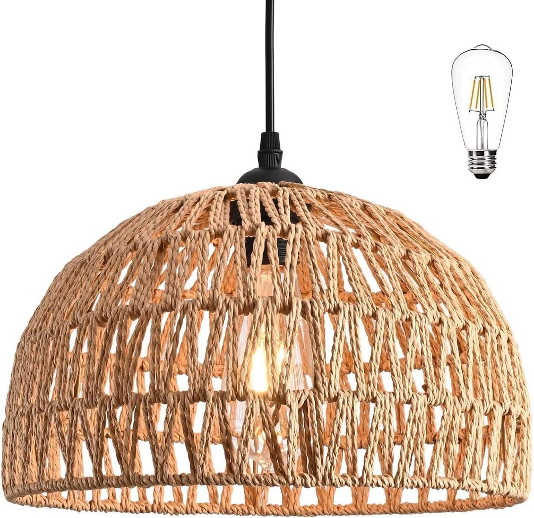 Hemp Rope Woven Pendant Light Woven Light Fixture Boho Chandelier Light Fixture Wicker Pendant Lights Rattan Lights Pendant Dome Wicker Chandelier for Dining Room Kitchen Island(Bulb Incl. (12.2" Natural)