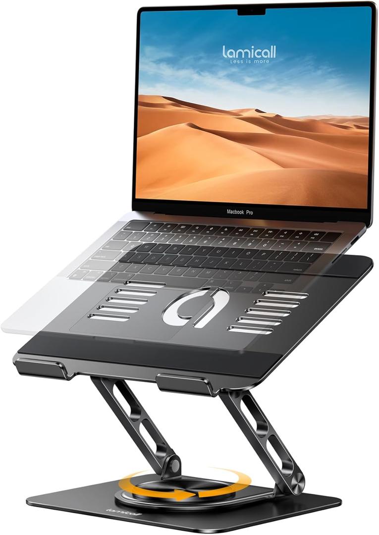 Lamicall Adjustable Laptop Stand for Desk - 360 Rotating Base Ergonomic Computer Stand, Aluminum Laptop Riser Foldable Protable for Mothers Day fits MacBook Neo Air Pro, Dell, HP (10-17.3'') - Black