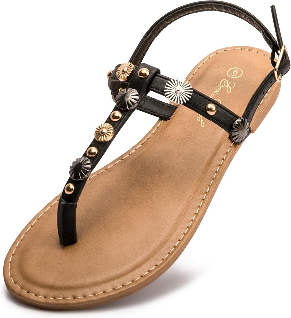 Eozlink Flat Sandals for Women 2025 T-Strap Bohemian Sandals Dressy Casual Summer Beach Sandals Open Toe Comfort Walking Shoes 6