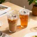 GGOLDMER 4 Pack Glass Tumblers with Lids and Straws, 20oz Iced Coffee Cups with Lids Reusable for Juices, Smoothies, Cocktail, Beer, Tea and Latte - Ribbed Design & Thick Glass