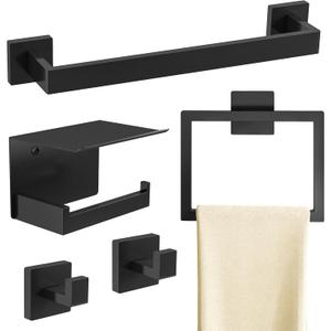 Matte Black Bathroom Accessories Hardware Set 5-Piece, Stainless Steel Towel Racks for Bathroom, 16 Inch Bath Towel Bar Set Wall Mounted