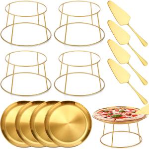12 Pcs Pizza Stand Set: 4 Metal Stands, 4 Pizza Pans, 4 Spatulas for Weddings, Party(Gold, Round)