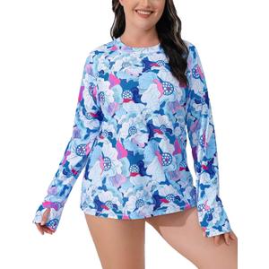 Halcurt Women's Plus Size Long Sleeve Rash Guard Swim Shirt with Thumb Holes UPF50+ Sun Protection Swimsuit Top (Blue, XXXL)