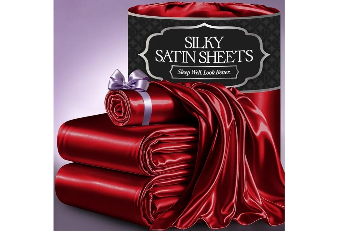 DECOLURE Satin Bed Sheets - 3 Piece Luxury Silky Twin Size Bedding Set - Softer Than Silk, Wrinkle-Free with 15” Deep Pocket Fitted Sheet, Perfect for Hair & Skin, Gifts for Women (Red)