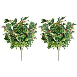Admired by Nature Artificial Holly Leaves with Berries Bush Bouquet - for Holiday Winter Christmas Home Decor, Faux Floral Arrangement for Crafts, Events, Funerals, Cemeteries - Set of 2, Green