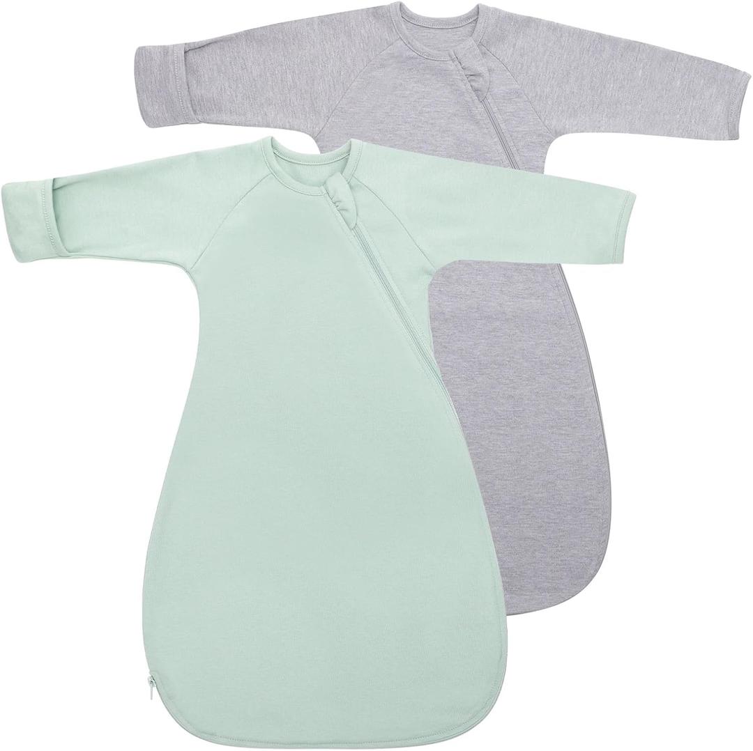 Organic Cotton Transitional Baby Swaddle Sleep Sacks Arms Up Sleeves Mitten Cuffs 2 Pack 0-3 Months, Soft Wearable Swaddling Blanket Sleeping Sacks for Boys Girls Calms Startle Reflex Sleep Bag (Gray + Sage Green)