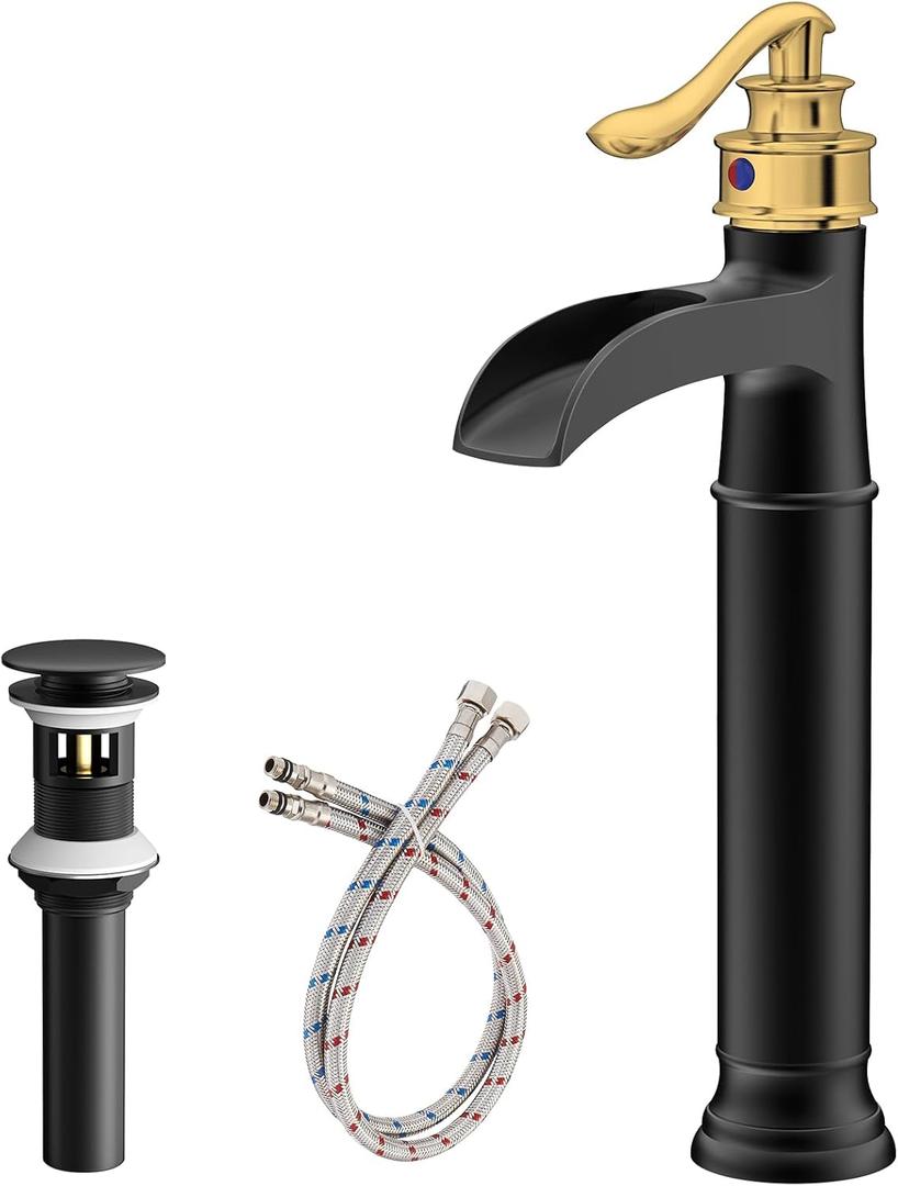 Vessel Sink Faucet 1 Hole, Waterfall Single Handle Bathroom Faucet, Black and Gold Brass Tall Farmhouse Bathroom Faucets with Pop Up Drain Mixer Tap for Lavatory Vintage Antique Washroom (Vessel Sink Mount)