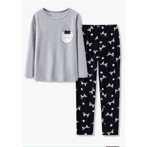 Tebbis Cute Cat Pajamas for Girls Modal Fiber Long Sleeve & Pants Pj Set Tween Size 6-18
