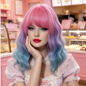 14" Short Bob Light Pink Ombre Light Blue Wavy Curly Bangs Wig Air Bangs Shoulder Length Women's Charming Synthetic Wig for Cosplay Party Anime Costume+Wig Cap (Light Pink Ombre Light Blue)