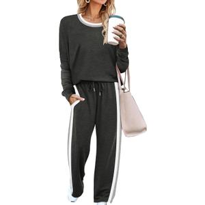 WIHOLL 2 Piece Lounge Sets for Women Long Sleeve Tops Wide Leg Sweatpants Sweatsuits with Pockets (X-Large, Deep Grey)