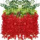 Artificial Wisteria Hanging Flowers Fake Wisteria Flower Garland Silk Vines Rattan Decor for Home Wedding Arch Wall Garden Greenery Bedroom Outdoor Office Party Decoration(24, Red)