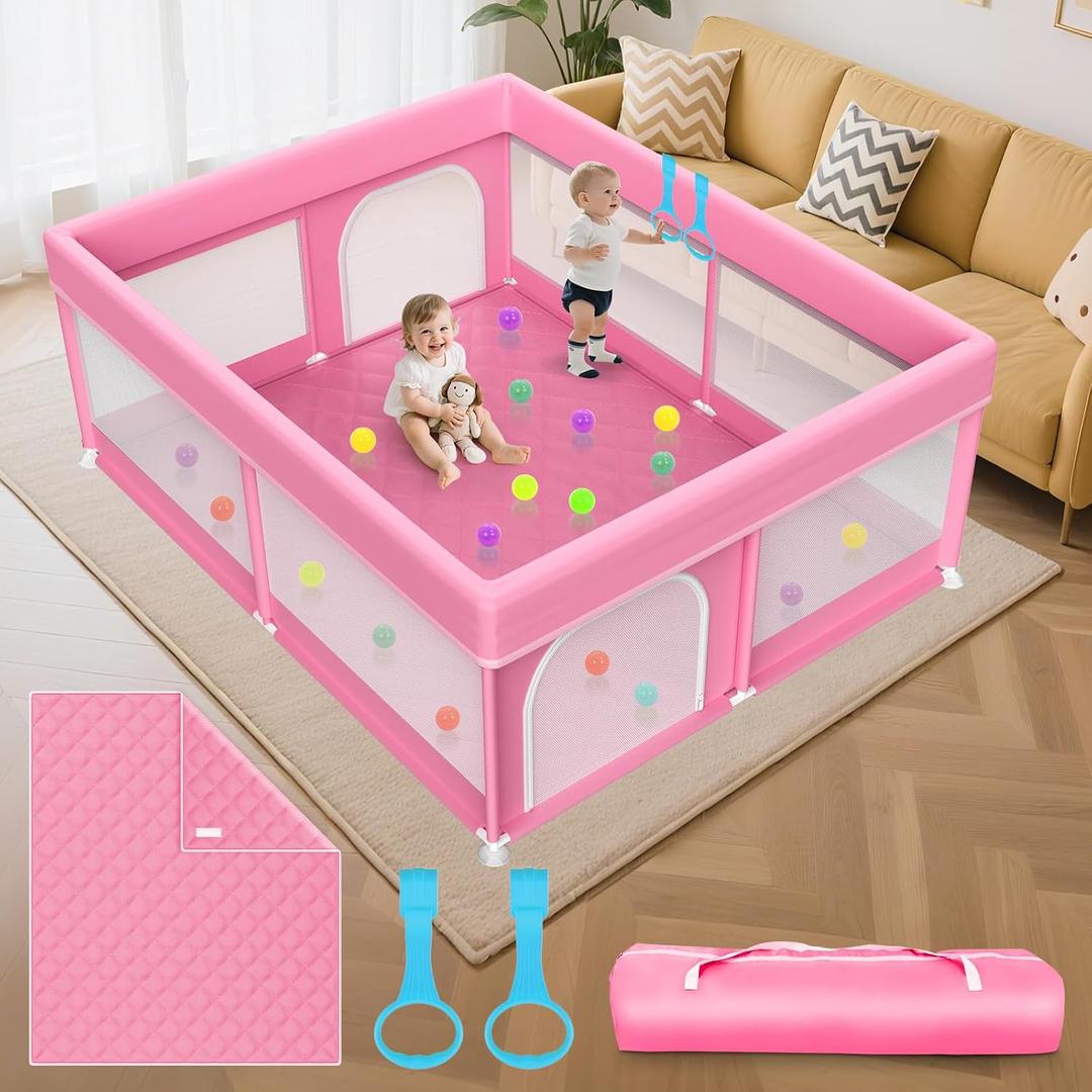79x71 in Baby Playpen with Mat: Large Play Pen for Babies and Toddlers - Baby Gate Playpen with Soft Breathable Mesh - All-Wrapped Sponge Sturdy Safety Play Yard with 2 Handles & Bag, Pink