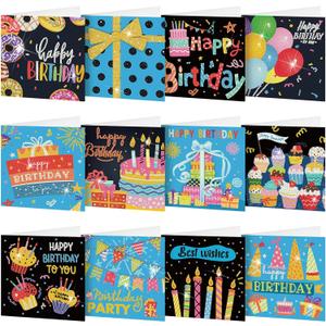 Saillong 12 Pack Happy Birthday Diamond Painting Greeting Card Kits DIY Diamond Art Cards with Envelopes Birthday Cake 5d Rhinestones Painting Kits for Adults DIY Crafts Family Friend Birthday Gifts