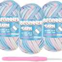 3 Pack Beginners Crochet Yarn, Yarn for Crocheting Knitting Beginners, Easy-to-See Stitches, Chunky Thick Bulky Cotton Soft Yarn for Crocheting (3x50g) (Gradient Blue)