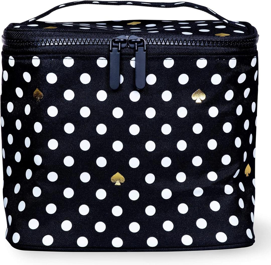 Kate Spade New York Insulated Soft Cooler Lunch Tote with Double Zipper Close and Carrying Handle, Polka Dots (Black/White)