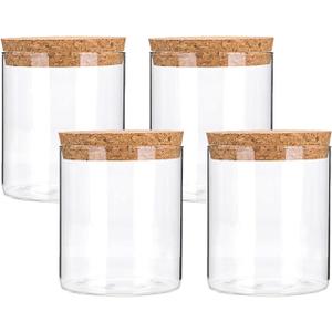 Airtight Glass Storage Containers with cork Lid, for Kitchen Pantry Organization and Storage jarIdeal for Coffee Beans Snacks Flour Cereal Sugar Tea 16oz. (Circular 3.9 * 3.3in*4pcs)