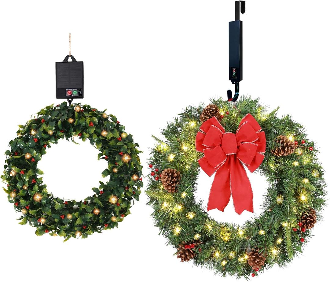 Solar Christmas Wreath 24 Inches Pre-Lit Solar 50 Led Christmas Decor and Solar Spring Wreath for Front Door 16inch 30LED Pre-lit Holly Wreaths Festival Farmhouse Decor(2401+1604)