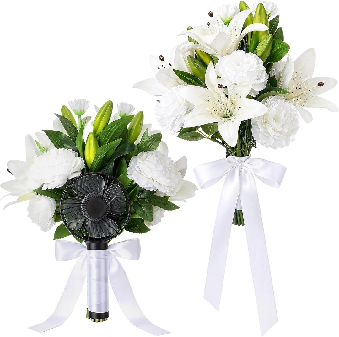 Tigeen Wedding Bouquet with Fan for Bride Bridesmaid, White Artificial Rose Lily Flowers Silk Bouquet Set for Bride Bridesmaid Wedding Engagement Bridal Shower Party