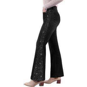GRAPENT Flare Jeans for Women High Waisted Trendy Wide Leg Embellished Rhinestone Sparkly Concert Stretchy Denim Pants (Medium, Washed Black)