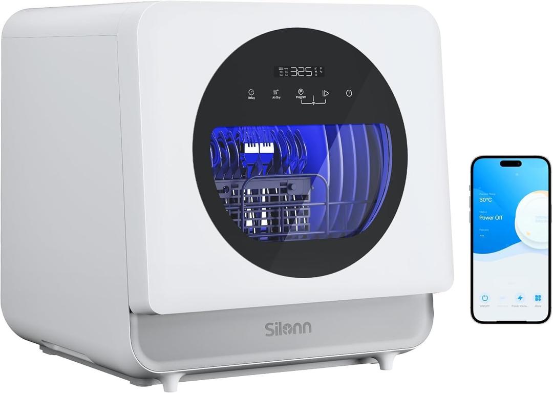 Silonn Portable Countertop Dishwasher with App Control, Mini Dishwasher with 5L Water Tank for Apartments/RVs No Hookup Needed, Dish washer with 8 Wash Programs 4 Place Settings Auto Air Dry