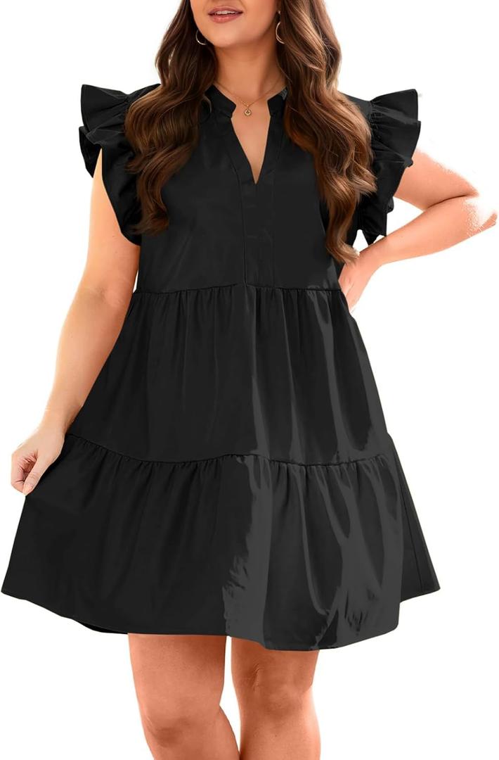 Fisoew Plus Size Dresses for Women Summer Ruffle Short Sleeve V Neck Dress Tiered Swing A Line Babydoll Mini Dress, Black, XL
