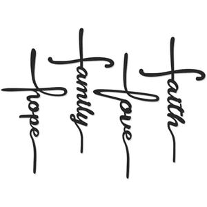 Bnesi Metal Wall Art Sign 4-Piece Set: Love, Faith, Family, Hope - 15 x 8 in Waterproof Religious and Spiritual Hanging Cross Wall Decor for Home Decoration