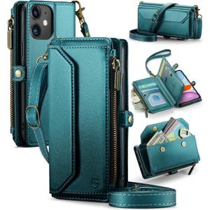 Wallet Case Compatible with iPhone 11 RFID Blocking 7-Card Holder Soft PU Leather Magnetic Snap Shoulder Strap Zipper Pocket Phone Case Fit for iPhone 11 for Women 6.1" - Blue Green