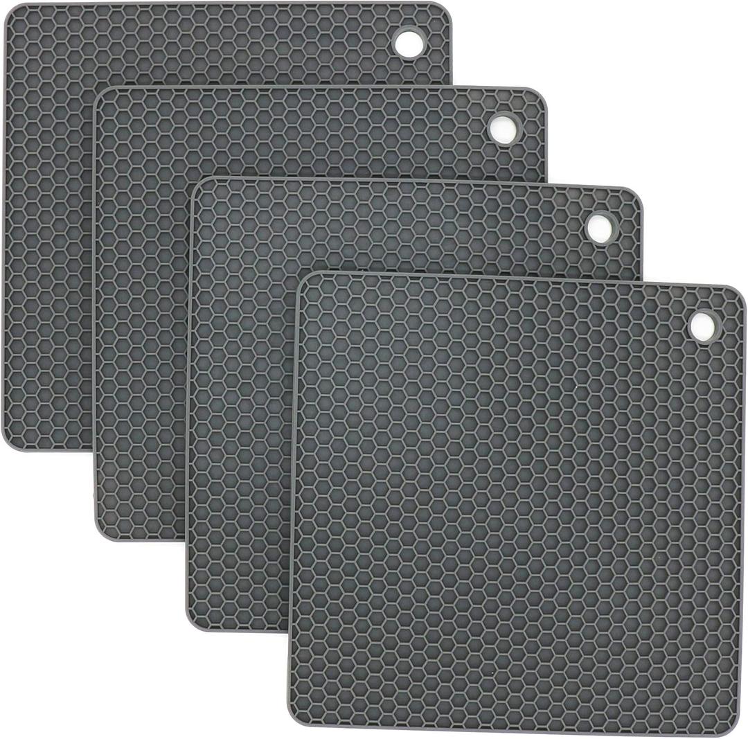 Silicone Trivets for Hot Dishes, Pots and Pans, Hot Pads for Kitchen, Dark Grey Silicone Pot Holders Mats for Kitchen Quartz Counter Heat Resistant Mat, Flexible Trivet Mat Set 4