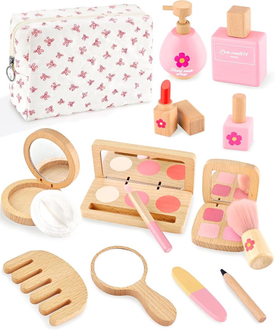 Wooden Pretend Makeup Kit for Girls Ages 35, Kids Pretend Play Cosmetic Set with Mirror, Lipstick, Nail Polish & Bag  Non Toxic Toy Makeup Set for Toddlers, for Toddler Girls