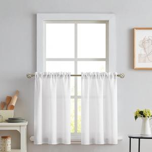 Melodieux White Semi Sheer Tier Curtains 45 Inch Length for Kitchen Cafe Bedroom Small Windows, Linen Look Rod Pocket Short Curtain Tiers Voile Drapes, 2 Panels