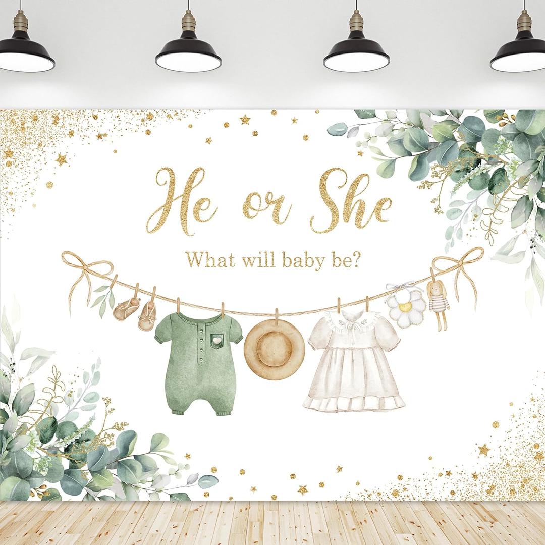 Riyidecor Green Gender Reveal Backdrop He or She What Will Baby Be 7Wx5H Feet Boho Sage Eucalyptus Watercolor Leaves Gold Dots Photography Background Baby Shower Photo Studio Shoot Polyester Fabric (7Wx5H, Sage Green Gender Reveal)