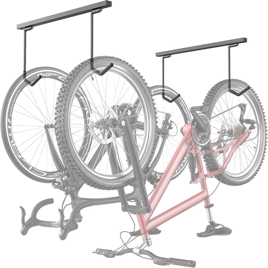 TORACK Overhead Bike Rack for Garage, Ceiling-Mounted Bicycle Storage Hooks for 2 Bikes (Horizontal) or 4 Bikes (Vertical), Adjustable Bicycle Hooks for Mountain, Road Bike
