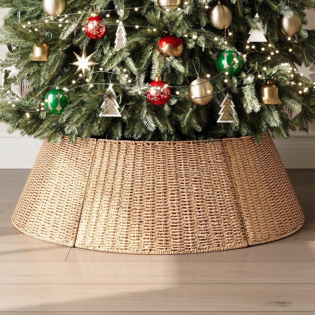 4-Piece Large Rattan Christmas Tree Collar, 34" Handmade Woven Christmas Tree Ring, Xmas Tree Base Cover, Large Holiday Tree Skirt Accessory for Home, Living Room (Pure Natural)