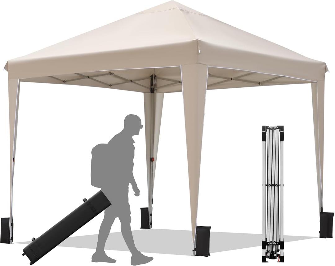BONTEC 10x10 Pop-Up Canopy Tent, Portable Folding Outdoor Tent, UV 50+ Protection, Waterproof, Adjustable Height, Metal Pavilion for Garden & Party, Includes Sandbags, Stakes & Storage Bag, Beige