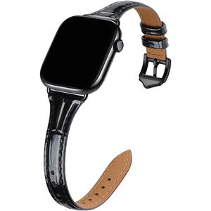 WFEAGL Compatible with Leather Apple Watch Band 41mm 40mm 38mm 42mm(series 11 10) Women, Top Grain Leather Strap Slim & Thin Replacement Wristband for iWatch Bands SE 3 2 1, Series 11 10 9 8 7 6 5 4 3 2 1 (Cro-Black/Black)