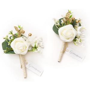 Ling's moment Boutonniere for Men, 2pcs Groom Groomsmen Guest Boutonniere, Artificial Flowers for Wedding/Prom/Homecoming, etc.White Baby Breath Ivory
