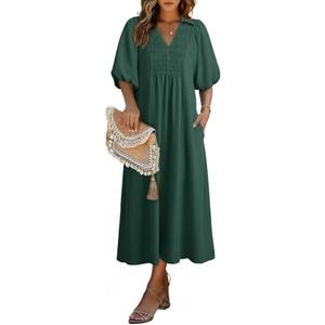 Dokotoo Summer Dresses for Women 2026 Casual Dresses V Neck Puff Sleeve Empire Waist A-Line Maxi Dress, Small