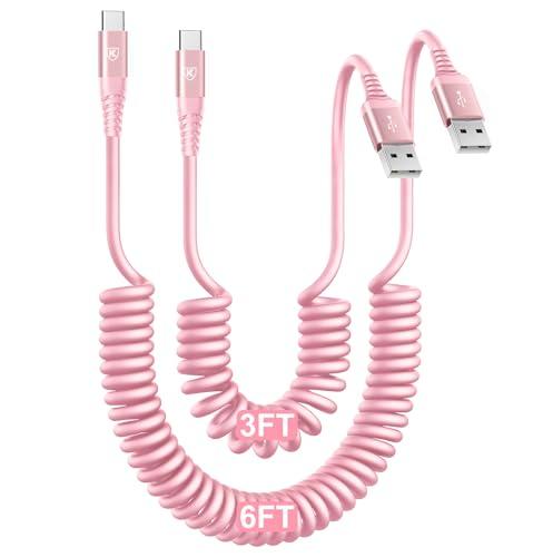 USB C Cable Fast Charging Cable [3FT+6FT], Coiled USBA to USBC Cable for Car, USB C Cord iPhone USB-C Cable Compatible with iPhone 17 16 15 Pro Max,Samsung Galaxy S10 S9 and More-Pink