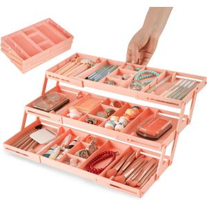 3 Tier Drawer Organizer - Expandable Junk Drawer Organizer Smart Office Supply Organizer, Folding Storage Multi-level Desk Organizer for Makeup,Jewelry,Kitchen Storage (1 Row 3 Tier, Pink)