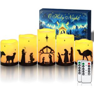 Homemory Flameless Christmas Nativity Scene Candles, Battery Operated LED Pillar Religion Candles, Nativity Sets Indoor Outdoor Decor for Xmas Holiday Home Decor, Remote Timer, Christmas Decor, 5 Pack
