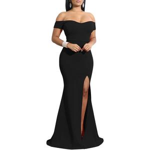 YMDUCH Women's Off Shoulder High Split Long Formal Party Dress Evening Gown (Medium, Black)