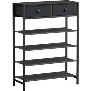 Shoe Rack, 5 Tier Shoe Organizer with 2 Drawers, Metal Shoe Storage for 16-20 Pairs of Shoes with Fabric Shelves and Wooden Top, Narrow Shoe Shelf for Closet Entryway Black Grey