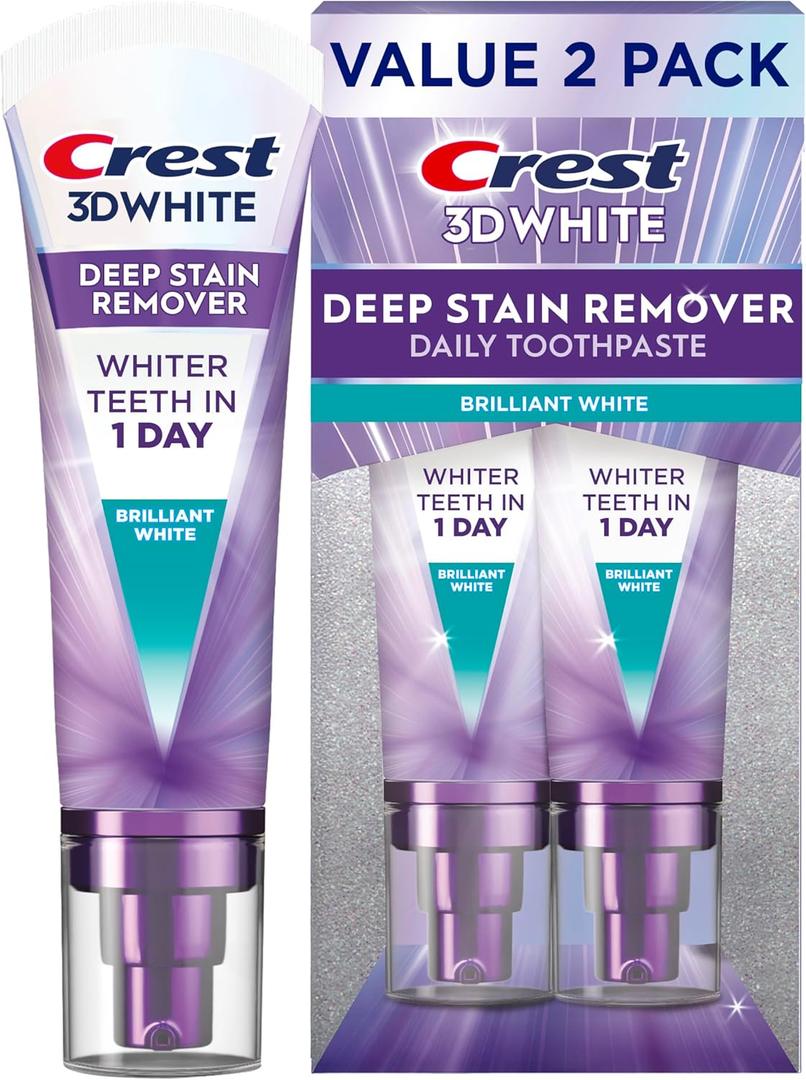 Crest 3D White Deep Stain Remover Toothpaste, Teeth whitening for Adults, 3.1oz, 2 Pack, Sensitivity Safe, Enamel Repair, Cavity Protection, Fluoride Toothpaste, Travel Size Toiletries