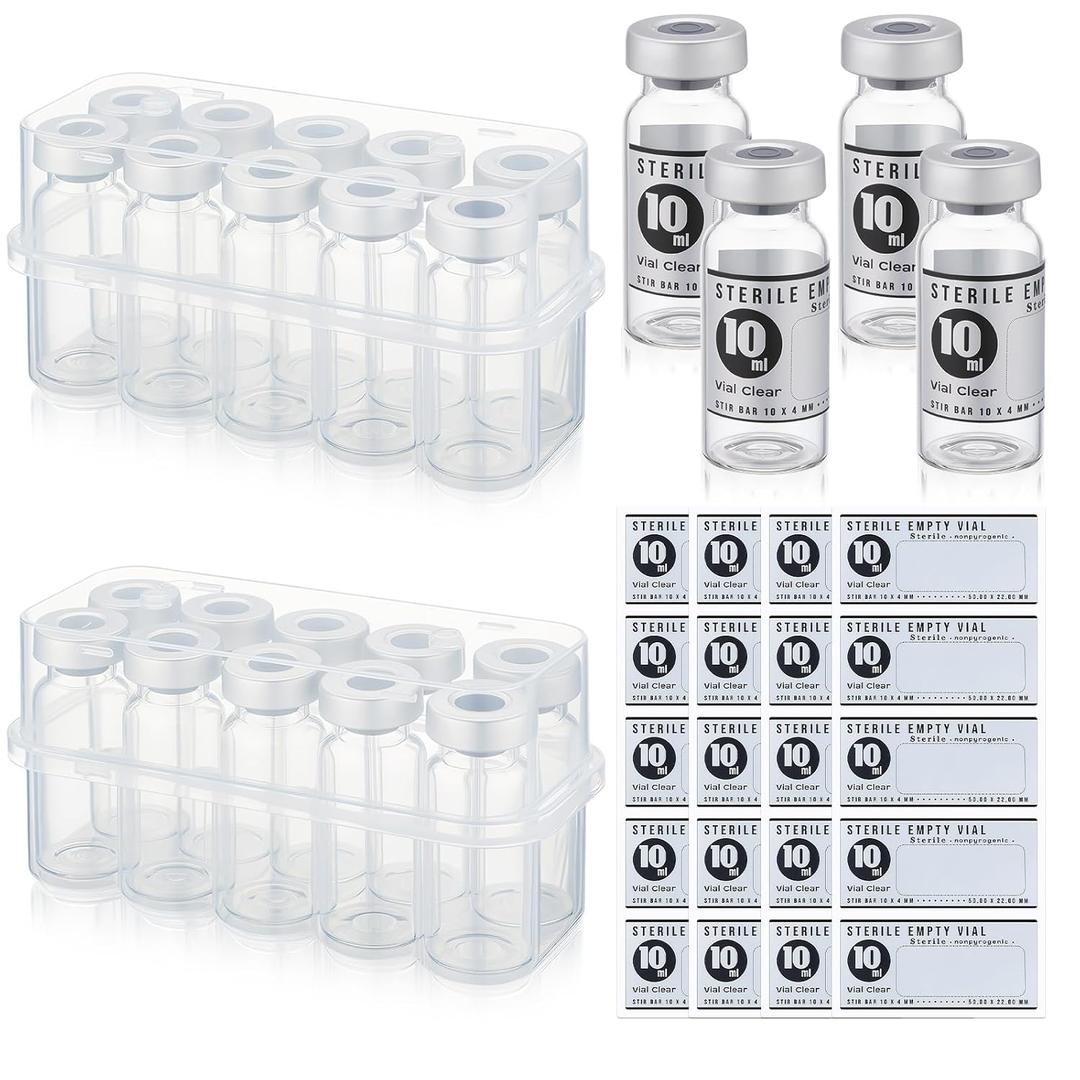 Threlaco 20 Pcs 10ml Sealed Sterile Empty Vials with Self Healing Injection Port Glass Penicillin Bottle with 20 Label Stickers (Aluminum)
