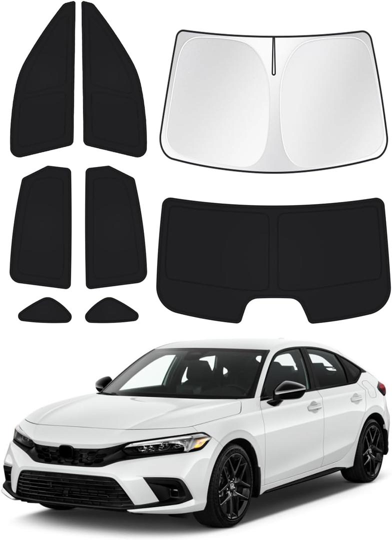 Canvcle Windshield Sun Shade for 11th Gen Honda Civic 2022-2025 2026 (NOT for Hatchback) Side Rear Window Shade Cover Kit Full Window Sun Visor Shield Camping Keep Vehicle Cool Black 8PCS