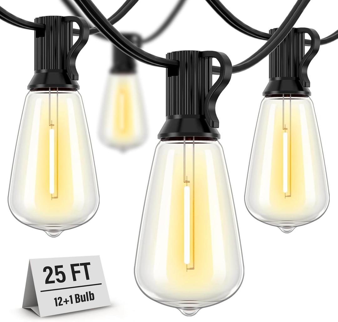 Doukedge Outdoor String Lights Waterproof, 25 Feet Patio Lights with 13 ST38 Edison Bulbs(1 Sqare), Hanging Lights with Plug in Cord for Porch, Blacony, Backyard, Bistro, Garden, 2700K
