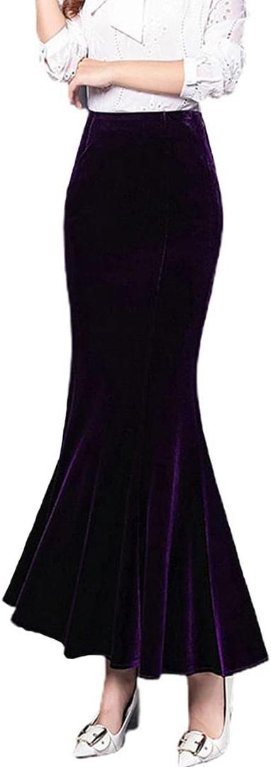 Ebossy Women's High Waist Bodycon Velvet Fishtail Mermaid Maxi Skirt Evening Party, Size: Large, Purple