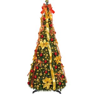 6 ft pre-lit Decorated Christmas Tree, 200 LED Warm Lights, Prelit pop-up Christmas Tree, Fully Decorated 66 Ornaments, Collapsible Pull Up Christmas Tree with Lights for Indoor Home Party Decor
